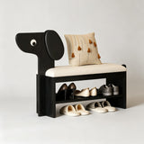 Dog-Shaped Solid Wood Shoe Storage Bench with Leather Cushion | Entryway Seating with Shelves - StoolTopia