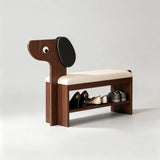 Dog-Shaped Solid Wood Shoe Storage Bench with Leather Cushion | Entryway Seating with Shelves - StoolTopia