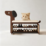 Dog-Shaped Solid Wood Shoe Storage Bench with Leather Cushion | Entryway Seating with Shelves - StoolTopia