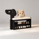 Dog-Shaped Solid Wood Shoe Storage Bench with Leather Cushion | Entryway Seating with Shelves - StoolTopia