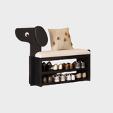 Dog - Shaped Solid Wood Shoe Storage Bench with Leather Cushion | Entryway Seating with Shelves - StoolTopia