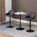 Round bar table with a white top and black pedestal base, paired with two black upholstered bar stools.
