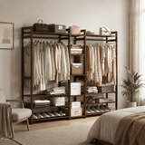 Freestanding Wooden Wardrobe Organizer – Double Hanging Closet Rack with Shelves for Clothes, Shoes & Accessories - StoolTopia