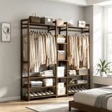 Freestanding Wooden Wardrobe Organizer – Double Hanging Closet Rack with Shelves for Clothes, Shoes & Accessories - StoolTopia