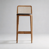 Taburete de bar de madera maciza de fresno con respaldo de ratán – Asiento de cuero sintético o lino, 65/75 cm
