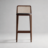 Taburete de bar de madera maciza de fresno con respaldo de ratán – Asiento de cuero sintético o lino, 65/75 cm