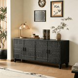 Hand-Carved Black Wood Sideboard Cabinet – 4-Door Design - StoolTopia