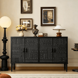 Hand-Carved Black Wood Sideboard Cabinet – 4-Door Design - StoolTopia