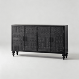 Hand-Carved Black Wood Sideboard Cabinet – 4-Door Design - StoolTopia