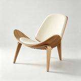 Lounge chair with cream padded seat and backrest, a natural wood shell with upswept sides and three splayed legs.
