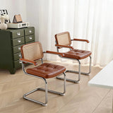 Two modern cantilever-style dining chairs with brown tufted leather seats and backs, woven cane backrests, and chrome metal legs, shown in a bright room with a green cabinet, curtains, and wood flooring.