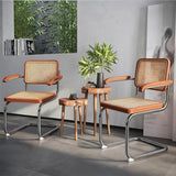 Two modern cantilever dining chairs with woven cane backrests and light brown leather-look seats, shown in a styled interior setting with a small wooden side table and a potted plant.
