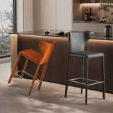 Italian-Style Saddle Leather High Bar Stool – Horn-Back Design, Carbon-Steel Frame, Stainless Steel Footrest, High-Density Comfort for Kitchen Islands & Modern Dining Spaces - StoolTopia