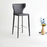 Italian - Style Saddle Leather High Bar Stool – Horn - Back Design, Carbon - Steel Frame, Stainless Steel Footrest, High - Density Comfort for Kitchen Islands & Modern Dining Spaces - StoolTopia