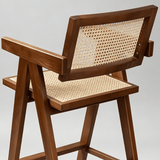 Mid-Century Modern Rattan and Wood Bar Stool with Armrests - StoolTopia