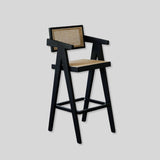Mid - Century Modern Rattan and Wood Bar Stool with Armrests - StoolTopia