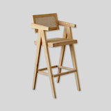 Mid - Century Modern Rattan and Wood Bar Stool with Armrests - StoolTopia