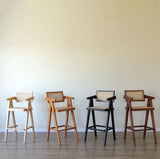 Mid - Century Modern Rattan and Wood Bar Stool with Armrests - StoolTopia