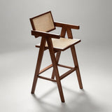 Mid-Century Modern Rattan and Wood Bar Stool with Armrests - StoolTopia