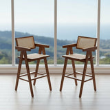 Mid - Century Modern Rattan and Wood Bar Stool with Armrests - StoolTopia