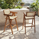 Mid - Century Modern Rattan and Wood Bar Stool with Armrests - StoolTopia