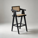 Mid-Century Modern Rattan and Wood Bar Stool with Armrests - StoolTopia