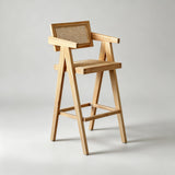 Mid-Century Modern Rattan and Wood Bar Stool with Armrests - StoolTopia