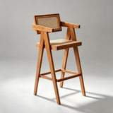Mid-Century Modern Rattan and Wood Bar Stool with Armrests - StoolTopia