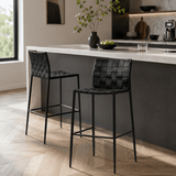 Minimalist Saddle-Leather Woven Bar Stool – Metal Frame, Hand-Crafted Weave, Ideal for Kitchen Islands & Modern Interiors - StoolTopia