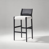 Modern Minimalist Mixed-Material Bar Stool – Saddle Leather Backrest, Breathable Cotton-Linen Seat & Solid Wood Frame for Kitchen Islands & Contemporary Interiors - StoolTopia