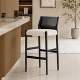 Modern Minimalist Mixed-Material Bar Stool – Saddle Leather Backrest, Breathable Cotton-Linen Seat & Solid Wood Frame for Kitchen Islands & Contemporary Interiors - StoolTopia