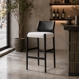 Modern Minimalist Mixed-Material Bar Stool – Saddle Leather Backrest, Breathable Cotton-Linen Seat & Solid Wood Frame for Kitchen Islands & Contemporary Interiors - StoolTopia