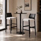 Modern Minimalist Mixed-Material Bar Stool – Saddle Leather Backrest, Breathable Cotton-Linen Seat & Solid Wood Frame for Kitchen Islands & Contemporary Interiors - StoolTopia