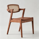 Modern Nordic Rattan & Leather Dining Chair – Solid Wood Frame, Curved Low-Back Design for Cafés, Homes & Boutique Stays - StoolTopia