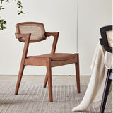 Modern Nordic Rattan & Leather Dining Chair – Solid Wood Frame, Curved Low - Back Design for Cafés, Homes & Boutique Stays - StoolTopia