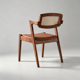 Modern Nordic Rattan & Leather Dining Chair – Solid Wood Frame, Curved Low-Back Design for Cafés, Homes & Boutique Stays - StoolTopia