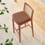 Taburete de bar de madera maciza de fresno con respaldo de ratán – Asiento de cuero sintético o lino, 65/75 cm
