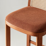 Taburete de bar de madera maciza de fresno con respaldo de ratán – Asiento de cuero sintético o lino, 65/75 cm