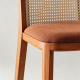 Close-up of a wooden dining chair with a warm brown woven cane backrest and a textured rust-brown upholstered seat cushion, shown against a light gray background.