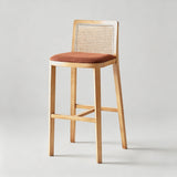 Taburete de bar de madera maciza de fresno con respaldo de ratán – Asiento de cuero sintético o lino, 65/75 cm