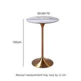 Gold pedestal bar table dimension diagram showing a height of 105 cm and tabletop size options labelled 50, 60 and 70.