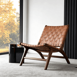Modern Saddle Leather Sling Lounge Chair with Wooden Frame - StoolTopia