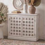 Moroccan - Inspired White Carved Storage Cabinet with Colorful Tile Inlay - StoolTopia