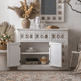 Moroccan - Inspired White Carved Storage Cabinet with Colorful Tile Inlay - StoolTopia