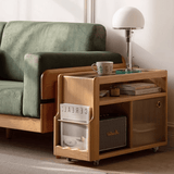 Multifunctional Vintage Sofa End Table with Glass Top and Wheels - StoolTopia