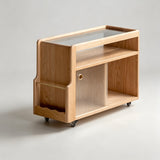 Multifunctional Vintage Sofa End Table with Glass Top and Wheels - StoolTopia