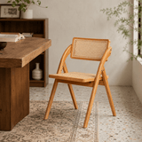 Natural Rattan Folding Dining Chair – Solid Wood Frame, Breathable Cane Weave, Southeast Asian Vintage-Modern Design for Dining Rooms, Balconies & Garden Leisure - StoolTopia