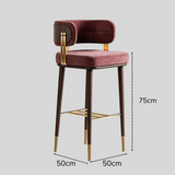 A bar stool with a burgundy velvet seat and backrest, dark brown wooden legs, and gold metal accents, shown with dimension lines indicating 75cm height and 50cm width and depth on a light gray background.