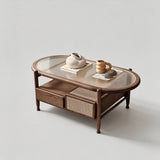 Nordic Oval Coffee Table with Fluted Glass & Rattan Drawers - StoolTopia