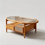 Nordic Oval Coffee Table with Fluted Glass & Rattan Drawers - StoolTopia